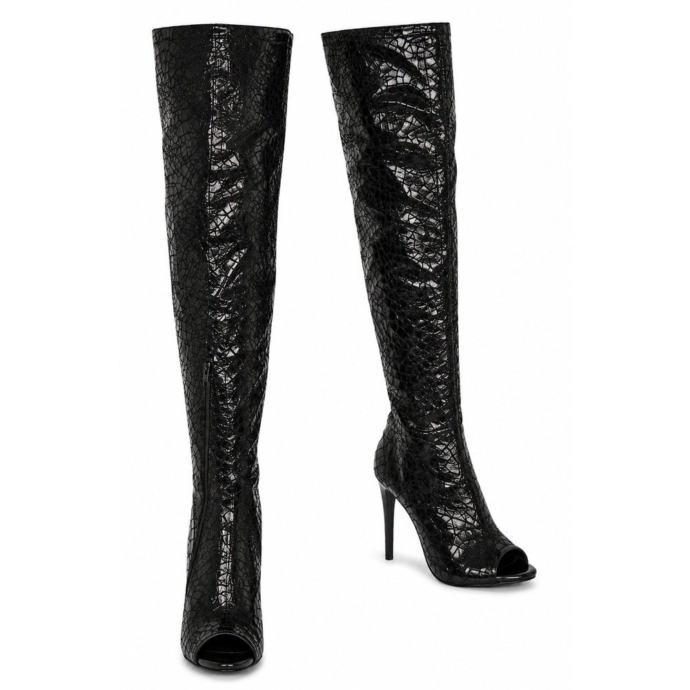 BEBE Brinley Women's Thigh High Boots Size 5.5 Black Faux Crocodile Peep Toe